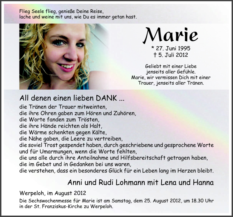  Traueranzeige für Marie Lohmann vom 21.08.2012 aus Neue Osnabrücker Zeitung GmbH & Co. KG
