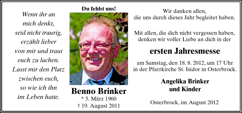  Traueranzeige für Benno Brinker vom 15.08.2012 aus Neue Osnabrücker Zeitung GmbH & Co. KG