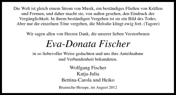 Traueranzeige von Eva-Donata Fischer von Neue Osnabrücker Zeitung GmbH & Co. KG