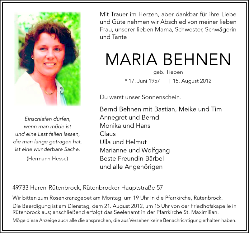  Traueranzeige für Maria Behnen vom 17.08.2012 aus Neue Osnabrücker Zeitung GmbH & Co. KG