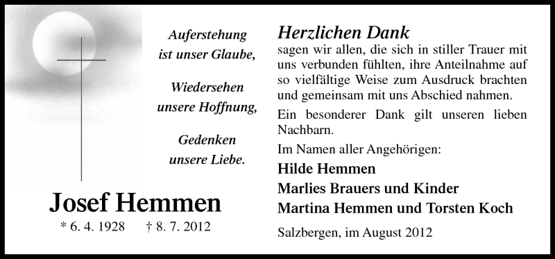  Traueranzeige für Josef Hemmen vom 18.08.2012 aus Neue Osnabrücker Zeitung GmbH & Co. KG