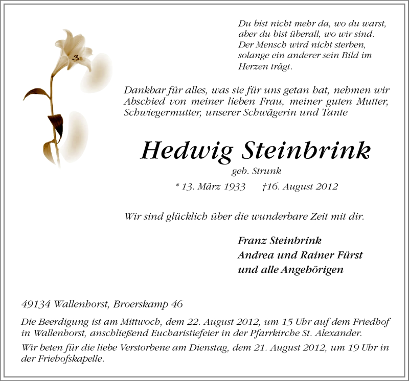  Traueranzeige für Hedwig Steinbrink vom 18.08.2012 aus Neue Osnabrücker Zeitung GmbH & Co. KG