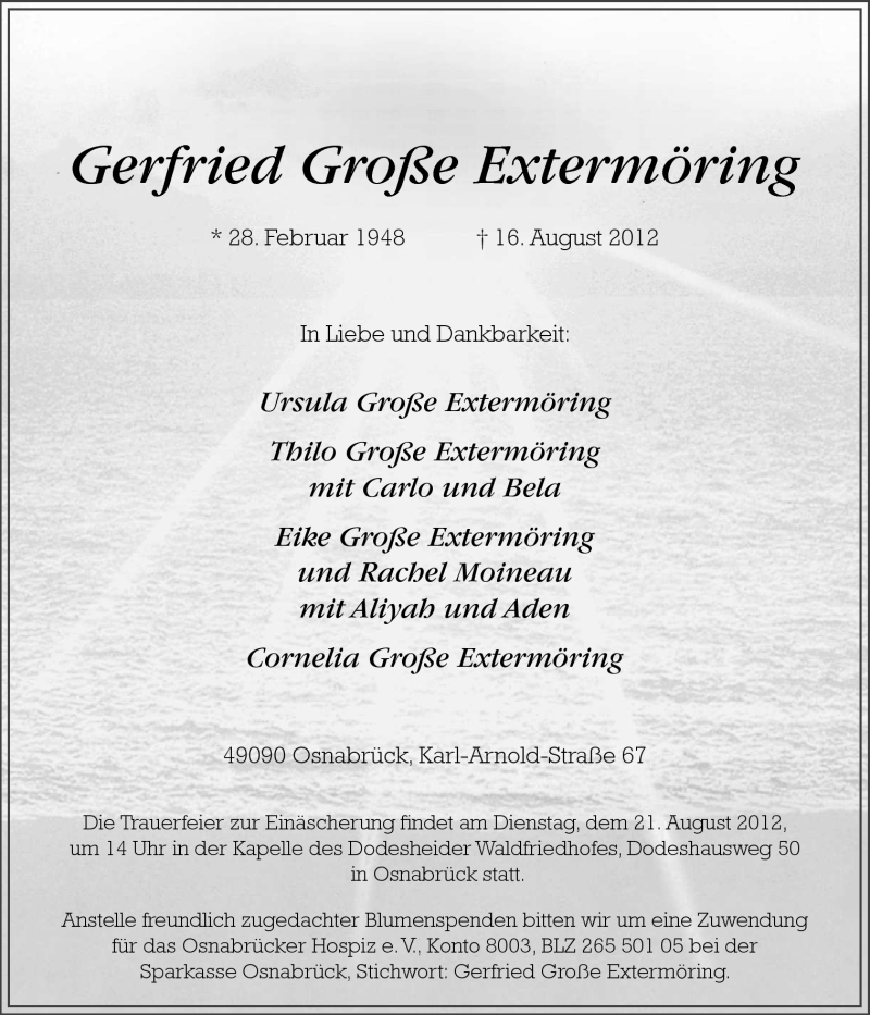  Traueranzeige für Gerfried Große Extermöring vom 18.08.2012 aus Neue Osnabrücker Zeitung GmbH & Co. KG