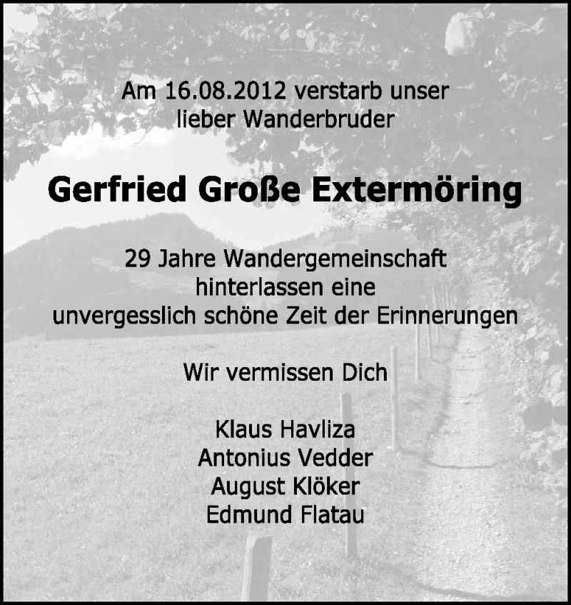  Traueranzeige für Gerfried Große Extermöring vom 18.08.2012 aus Neue Osnabrücker Zeitung GmbH & Co. KG