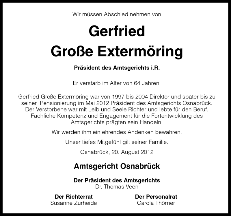  Traueranzeige für Gerfried Große Extermöring vom 20.08.2012 aus Neue Osnabrücker Zeitung GmbH & Co. KG