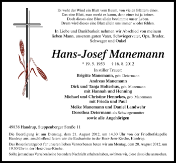 Traueranzeige von Hans-Josef Manemann von Neue Osnabrücker Zeitung GmbH & Co. KG