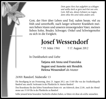 Traueranzeige von Josef Wessendorf von Neue Osnabrücker Zeitung GmbH & Co. KG