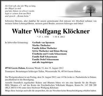 Traueranzeige von Walter Wolfgang Klöckner von Neue Osnabrücker Zeitung GmbH & Co. KG