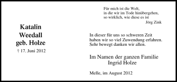 Traueranzeige von Katalin Weedall geb. Holze von Neue Osnabrücker Zeitung GmbH & Co. KG
