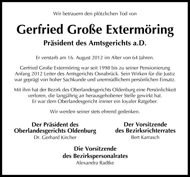  Traueranzeige für Gerfried Große Extermöring vom 21.08.2012 aus Neue Osnabrücker Zeitung GmbH & Co. KG