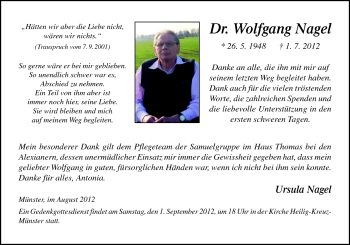 Traueranzeige von Wolfgang Dr.Nagel von Neue Osnabrücker Zeitung GmbH & Co. KG