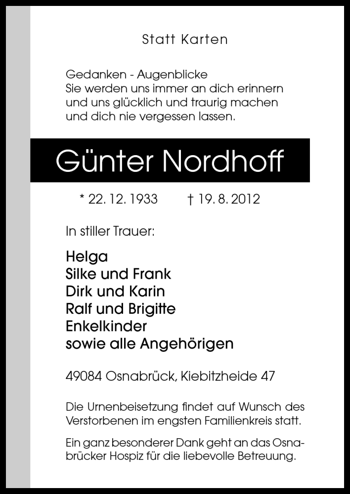  Traueranzeige für Günter Nordhoff vom 25.08.2012 aus Neue Osnabrücker Zeitung GmbH & Co. KG