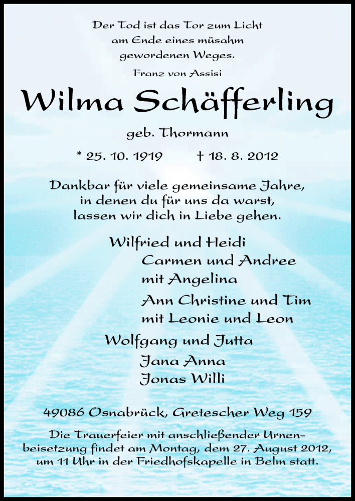  Traueranzeige für Wilma Schäfferling vom 23.08.2012 aus Neue Osnabrücker Zeitung GmbH & Co. KG