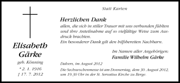 Traueranzeige von Elisabeth Gärke von Neue Osnabrücker Zeitung GmbH & Co. KG