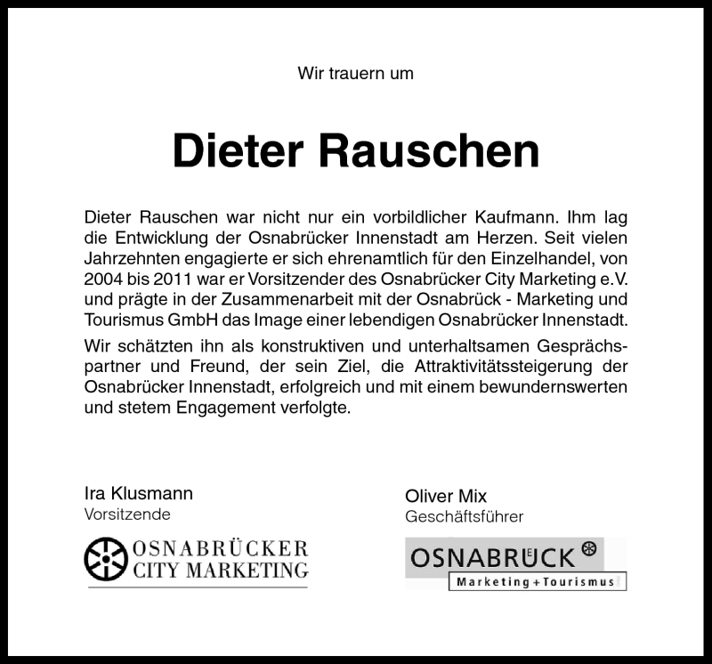  Traueranzeige für Dieter Rauschen vom 25.08.2012 aus Neue Osnabrücker Zeitung GmbH & Co. KG