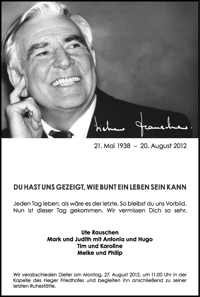  Traueranzeige für Dieter Rauschen vom 25.08.2012 aus Neue Osnabrücker Zeitung GmbH & Co. KG