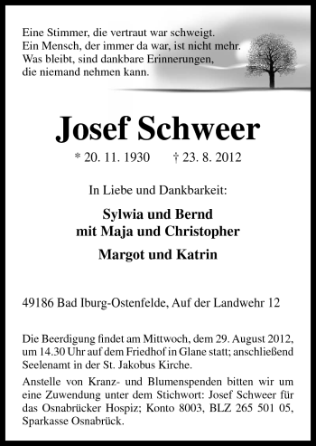 Traueranzeige von Josef Schweer von Neue Osnabrücker Zeitung GmbH & Co. KG