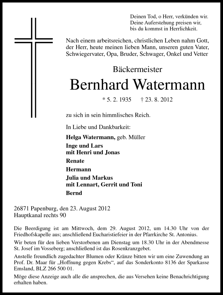  Traueranzeige für Bernhard Watermann vom 25.08.2012 aus Neue Osnabrücker Zeitung GmbH & Co. KG