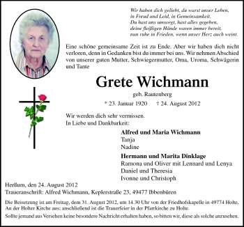 Traueranzeige von Grete Wichmann von Neue Osnabrücker Zeitung GmbH & Co. KG