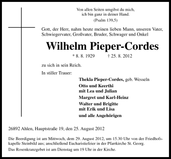 Traueranzeige von Wilhelm Pieper-Cordes von Neue Osnabrücker Zeitung GmbH & Co. KG