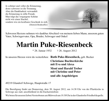 Traueranzeige von Martin Puke-Riesenbeck von Neue Osnabrücker Zeitung GmbH & Co. KG