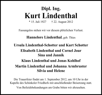 Traueranzeige von Kurt Lindenthal von Neue Osnabrücker Zeitung GmbH & Co. KG