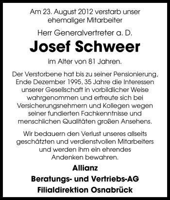 Traueranzeige von Josef Schweer von Neue Osnabrücker Zeitung GmbH & Co. KG