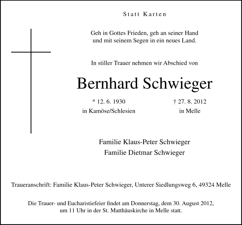  Traueranzeige für Bernhard Schwieger vom 29.08.2012 aus Neue Osnabrücker Zeitung GmbH & Co. KG