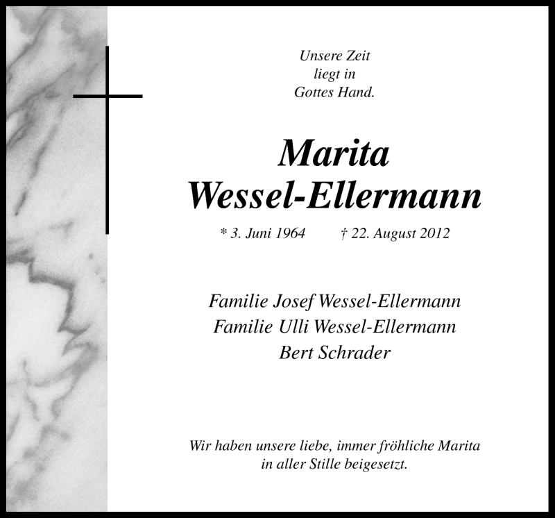  Traueranzeige für Marita Wessel-Ellermann vom 29.08.2012 aus Neue Osnabrücker Zeitung GmbH & Co. KG