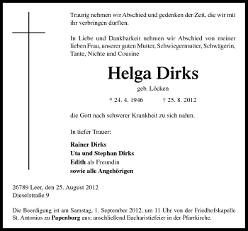 Traueranzeige von Helga Dirks von Neue Osnabrücker Zeitung GmbH & Co. KG