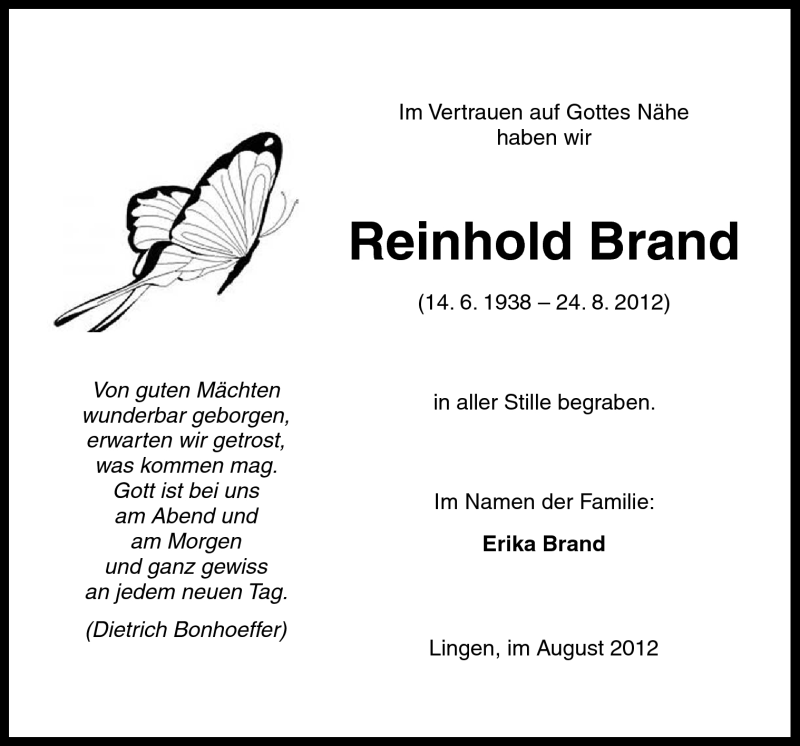  Traueranzeige für Reinhold Brand vom 29.08.2012 aus Neue Osnabrücker Zeitung GmbH & Co. KG