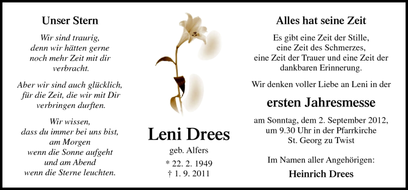  Traueranzeige für Leni Drees vom 30.08.2012 aus Neue Osnabrücker Zeitung GmbH & Co. KG