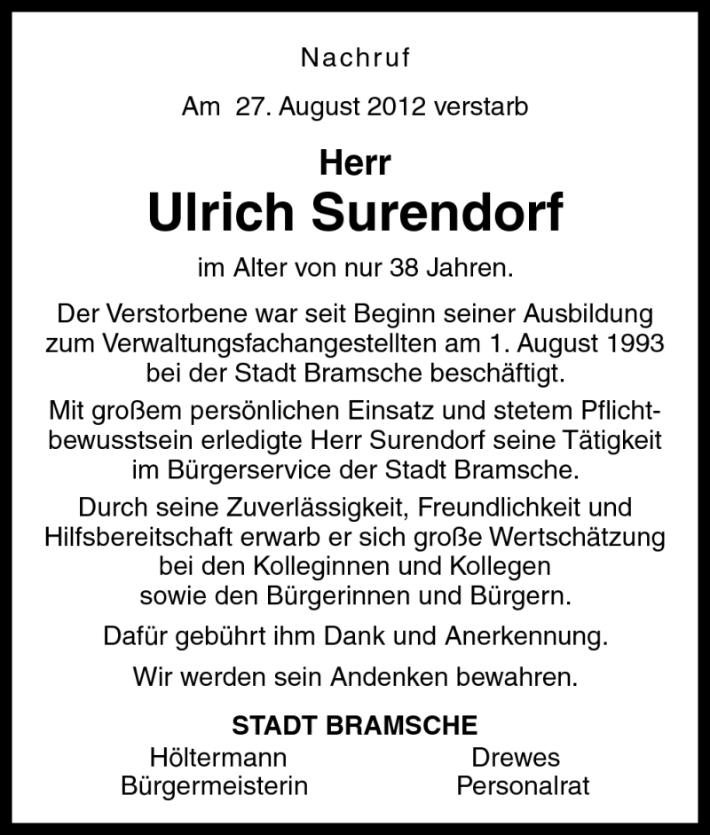  Traueranzeige für Ulrich Surendorf vom 30.08.2012 aus Neue Osnabrücker Zeitung GmbH & Co. KG