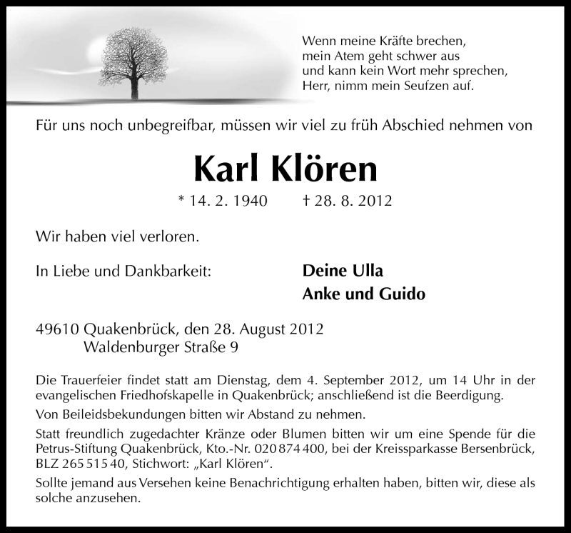  Traueranzeige für Karl Klören vom 30.08.2012 aus Neue Osnabrücker Zeitung GmbH & Co. KG