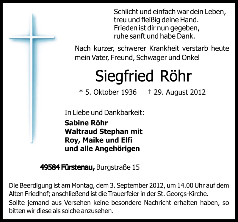  Traueranzeige für Siegfried Röhr vom 31.08.2012 aus Neue Osnabrücker Zeitung GmbH & Co. KG