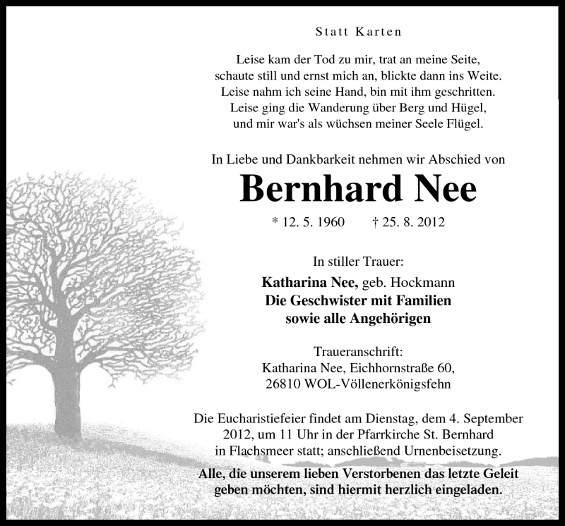  Traueranzeige für Bernhard Nee vom 31.08.2012 aus Neue Osnabrücker Zeitung GmbH & Co. KG
