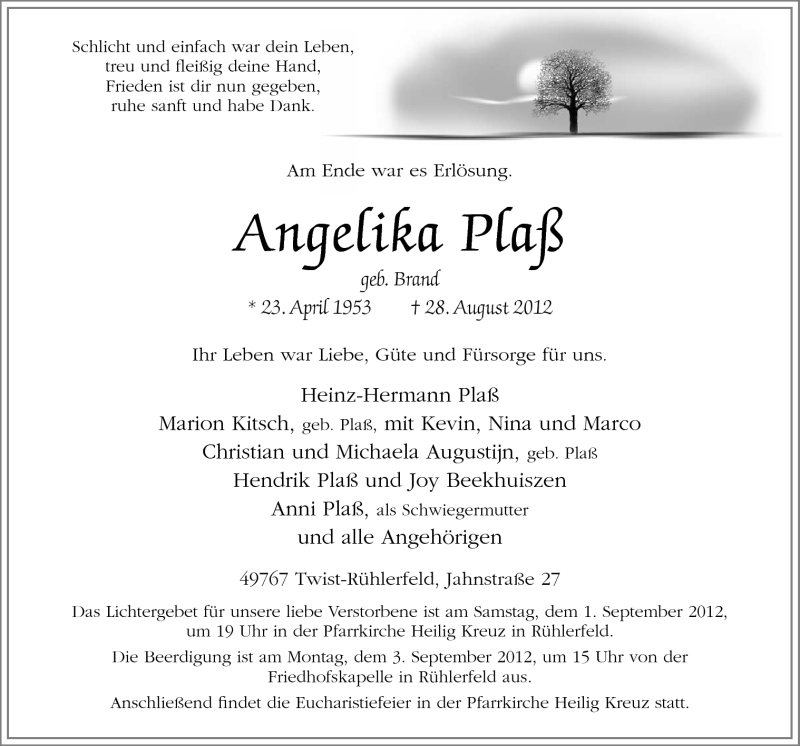 Traueranzeige für Angelika Plaß vom 31.08.2012 aus Neue Osnabrücker Zeitung GmbH & Co. KG