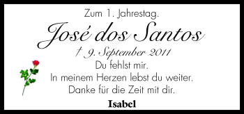 Traueranzeige von Jose dos Santos von Neue Osnabrücker Zeitung GmbH & Co. KG