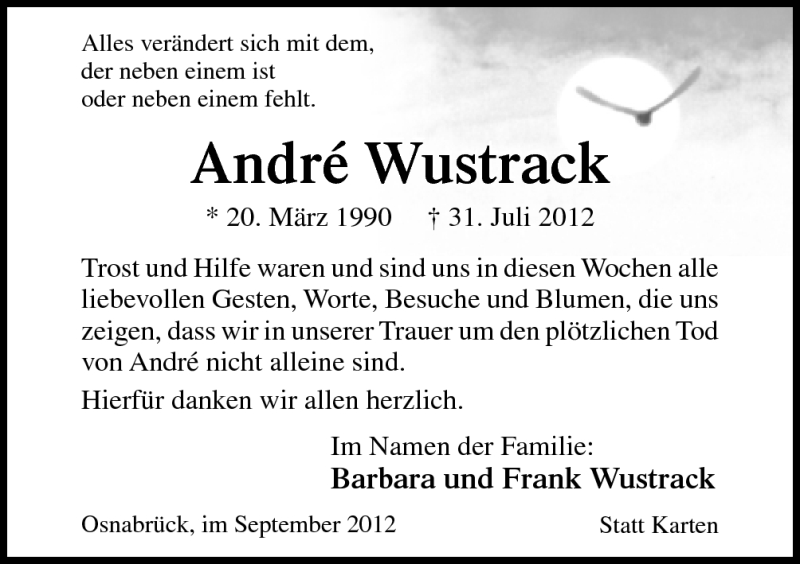  Traueranzeige für André Wustrack vom 01.09.2012 aus Neue Osnabrücker Zeitung GmbH & Co. KG
