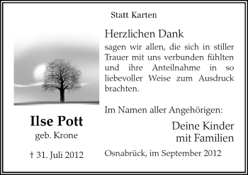 Traueranzeige von Ilse Pott von Neue Osnabrücker Zeitung GmbH & Co. KG