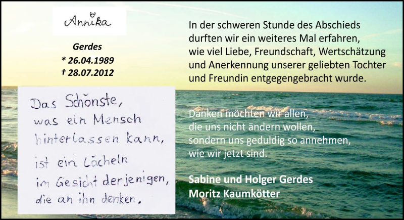  Traueranzeige für Annika Gerdes vom 01.09.2012 aus Neue Osnabrücker Zeitung GmbH & Co. KG
