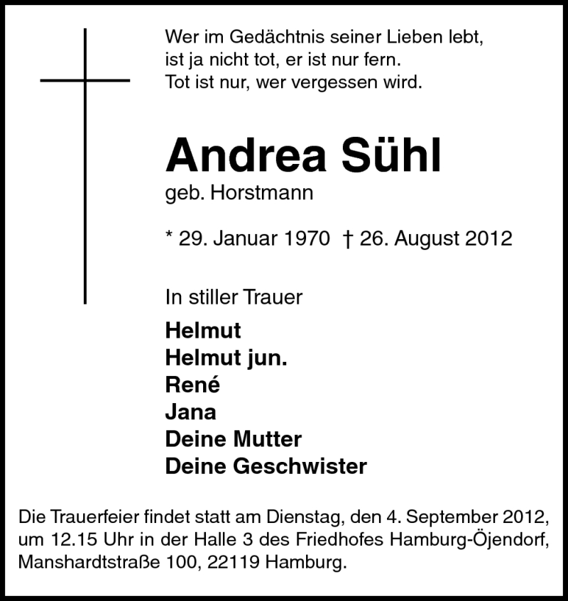  Traueranzeige für Andrea Sühl vom 01.09.2012 aus Neue Osnabrücker Zeitung GmbH & Co. KG