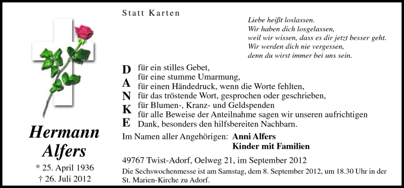  Traueranzeige für Hermann Alfers vom 05.09.2012 aus Neue Osnabrücker Zeitung GmbH & Co. KG