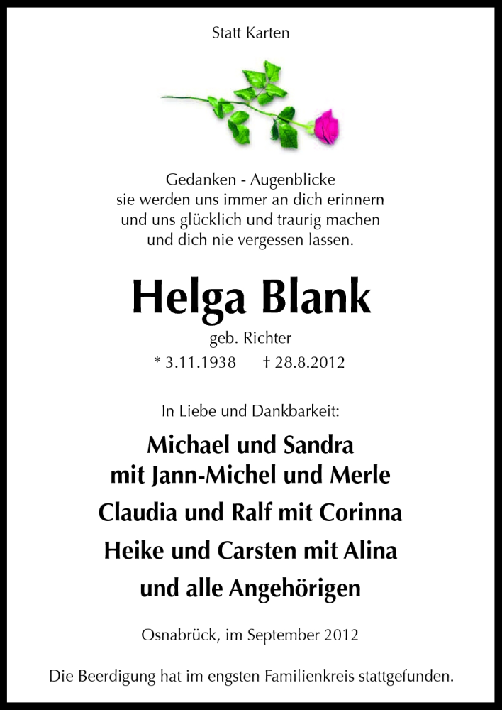 Traueranzeige für Helga Blank vom 01.09.2012 aus Neue Osnabrücker Zeitung GmbH & Co. KG