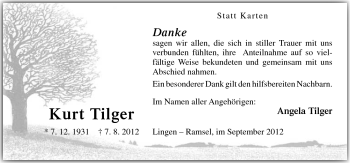 Traueranzeige von Kurt Tilger von Neue Osnabrücker Zeitung GmbH & Co. KG