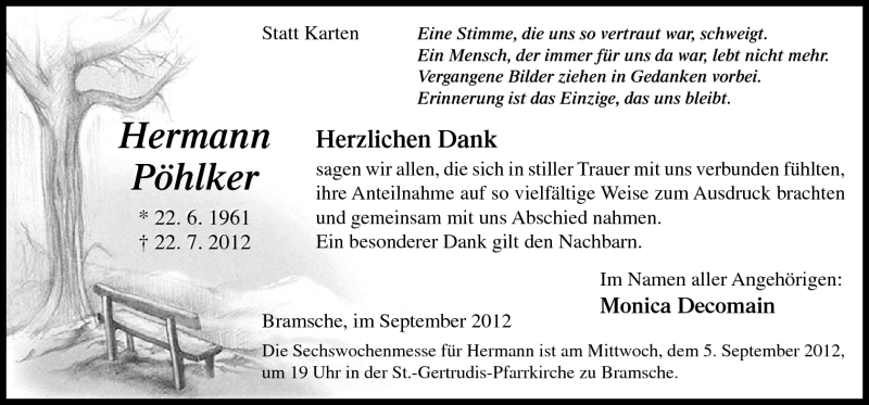  Traueranzeige für Hermann Pöhlker vom 01.09.2012 aus Neue Osnabrücker Zeitung GmbH & Co. KG