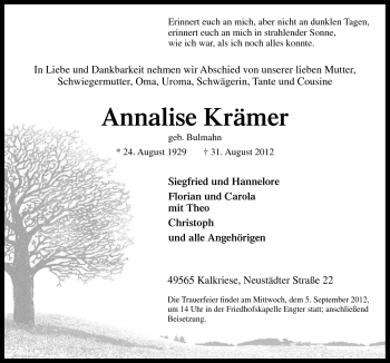 Traueranzeige von Annalise Krämer von Neue Osnabrücker Zeitung GmbH & Co. KG