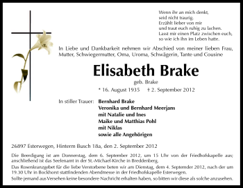 Traueranzeige von Elisabeth Brake von Neue Osnabrücker Zeitung GmbH & Co. KG