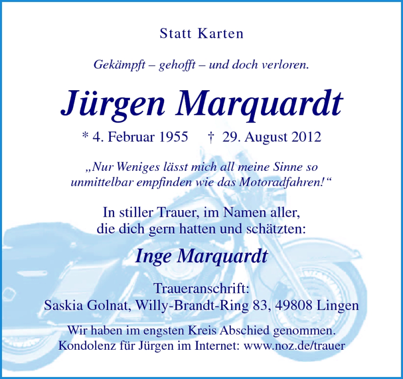  Traueranzeige für Jürgen Marquardt vom 04.09.2012 aus Neue Osnabrücker Zeitung GmbH & Co. KG