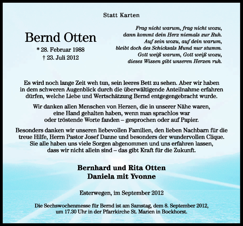  Traueranzeige für Bernd Otten vom 06.09.2012 aus Neue Osnabrücker Zeitung GmbH & Co. KG